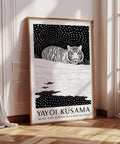 Black and white tiger art print featuring Yayoi Kusama-inspired dot patterns