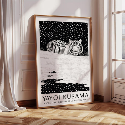 Black and white tiger art print featuring Yayoi Kusama-inspired dot patterns