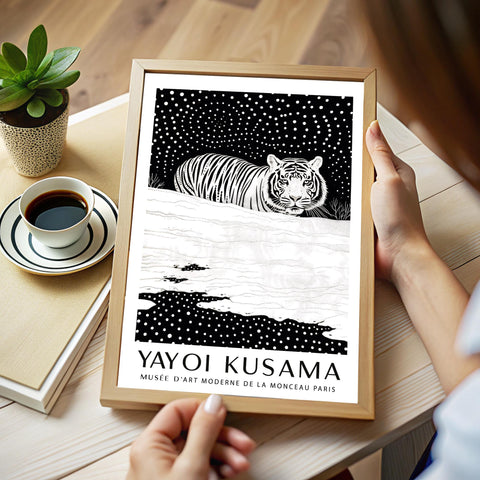 Stylish monochrome art print featuring a tiger in a snowy scene