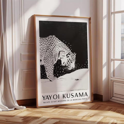 White snow tiger wall art print featuring Yayoi Kusama-inspired dot patterns