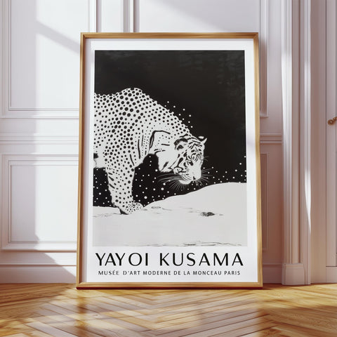 Yayoi Kusama art print featuring a majestic tiger in winter scenery