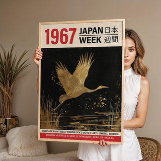 Large crane wall art inspired by traditional woodblock prints