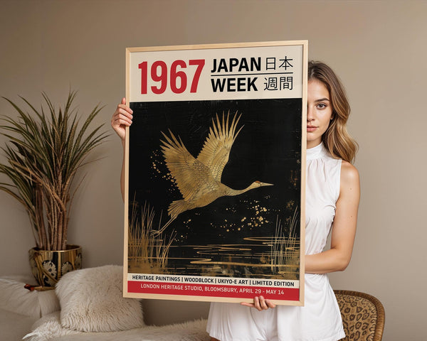 Large crane wall art inspired by traditional woodblock prints