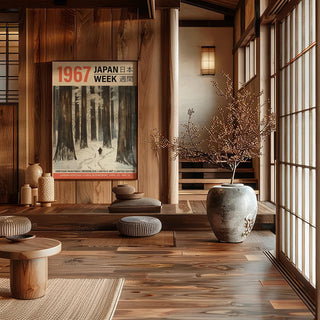 Quiet forest winter art prints for tranquil Japandi-style bedroom walls