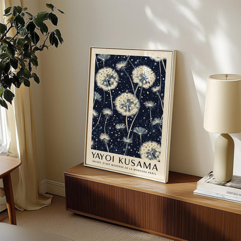 Serene blue wall art with dandelions