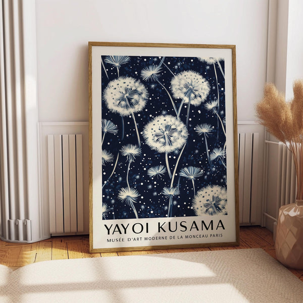 Polka dot detailed living room prints with luminous white dandelions