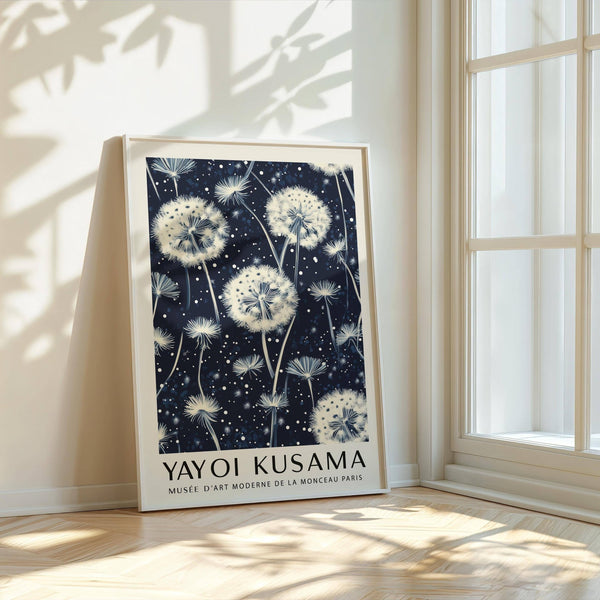 Deep blue living room prints featuring abstract floral forms