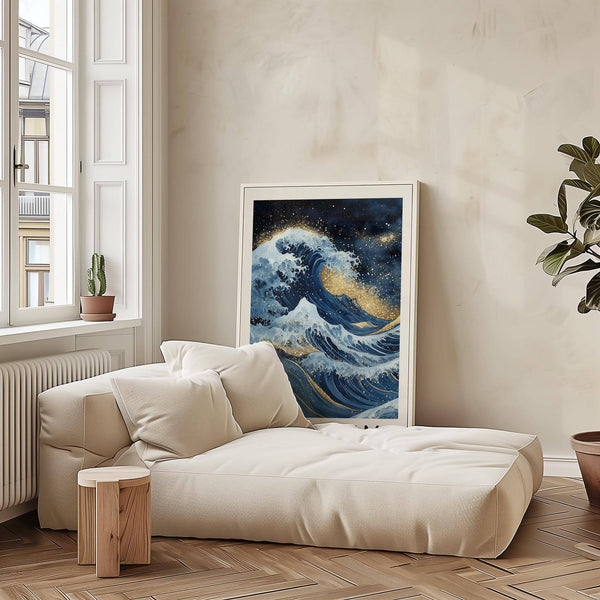 artistic blue gold wall decor with intricate wave details