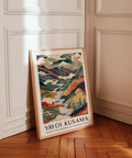 Abstract Japanese mountain art with vibrant colours