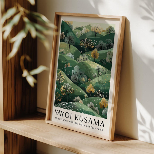 Yayoi Kusama Paintings with abstract golden rolling hills