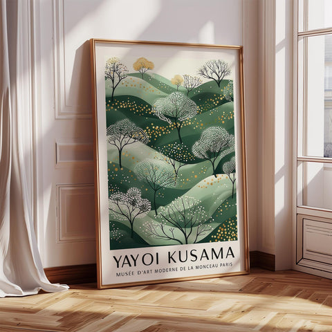 Green modern wall art print with trees blowing in the wind