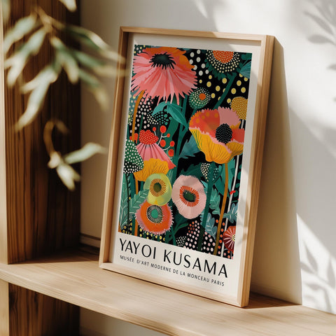 Yayoi Kusama inspired wall art featuring tropical flowers