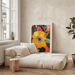Boho-style bedroom with bold floral wall prints decor