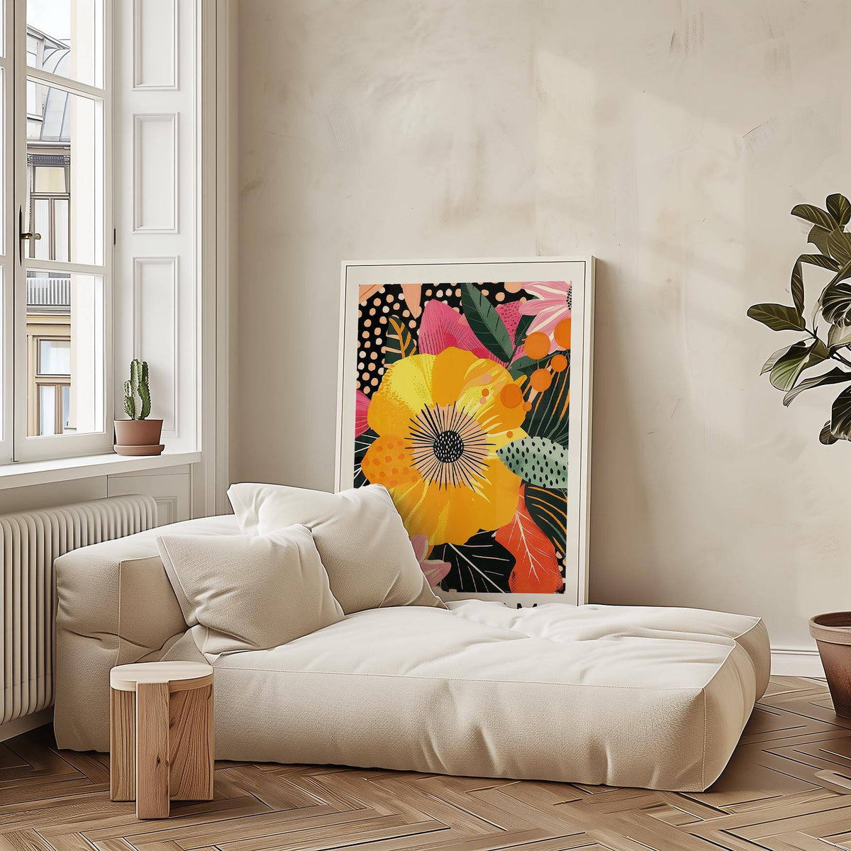 Boho-style bedroom with bold floral wall prints decor