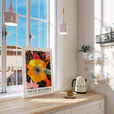 Colourful flower poster featuring yellow blooms and leaf details for kitchen