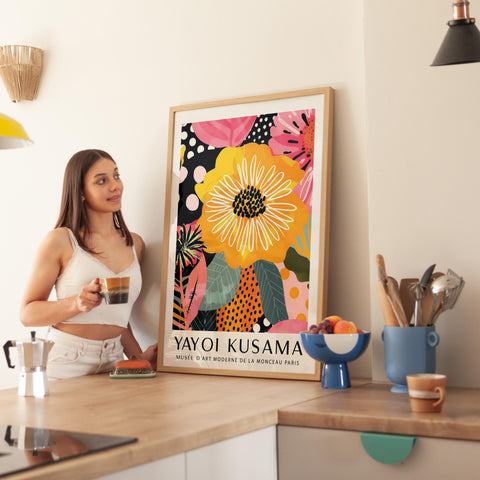 Kusama-inspired flower artwork for living room decor