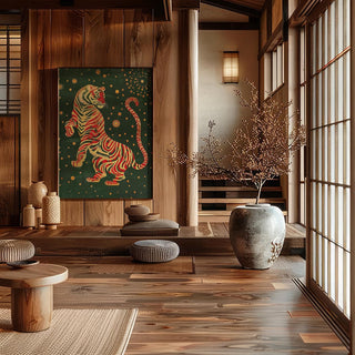 Decorative Japanese art wall with striking gold and red patterns