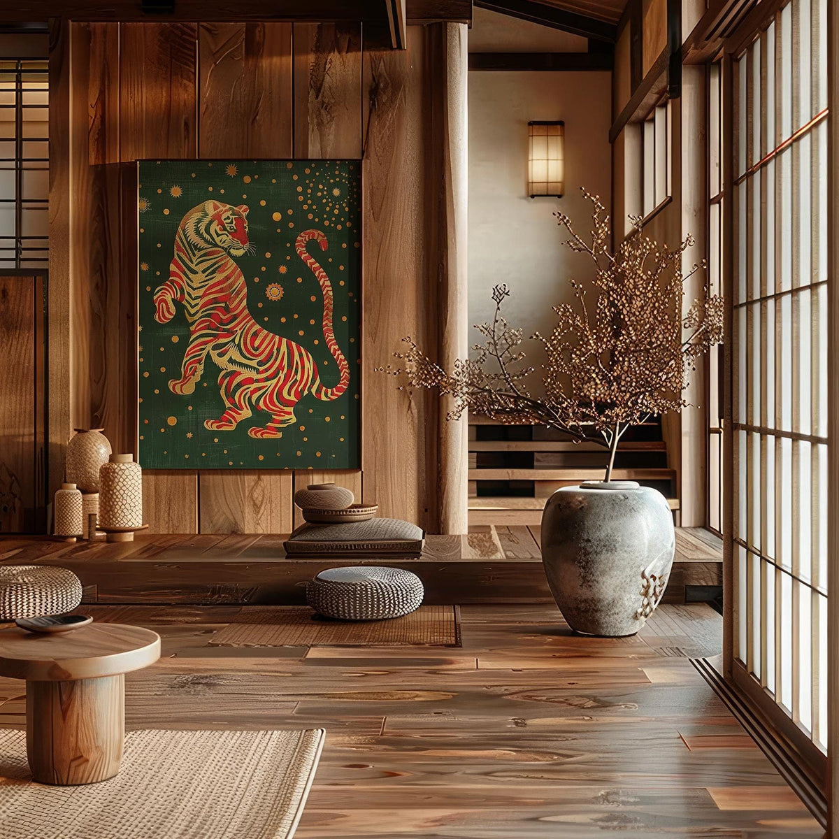 Decorative Japanese art wall with striking gold and red patterns
