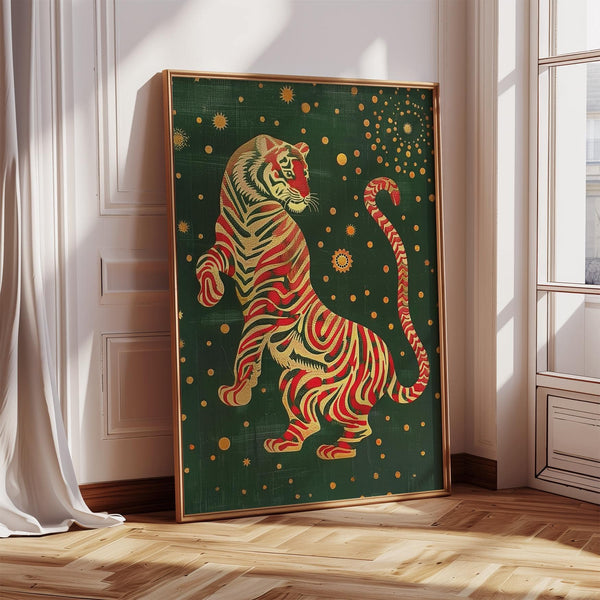 Vibrant Japanese art wall print with deep green and gold accents