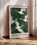 Japanese crane art print on green background.