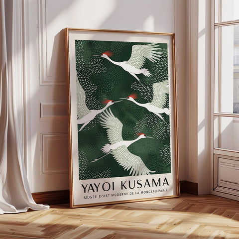 Japanese crane art print on green background.