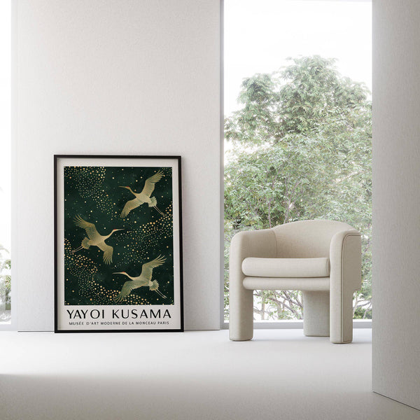 High-quality Japanese Crane Print with Kusama-inspired patterns
