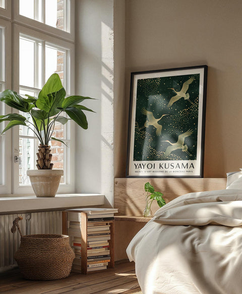 Decorative bird print in green and gold tones.