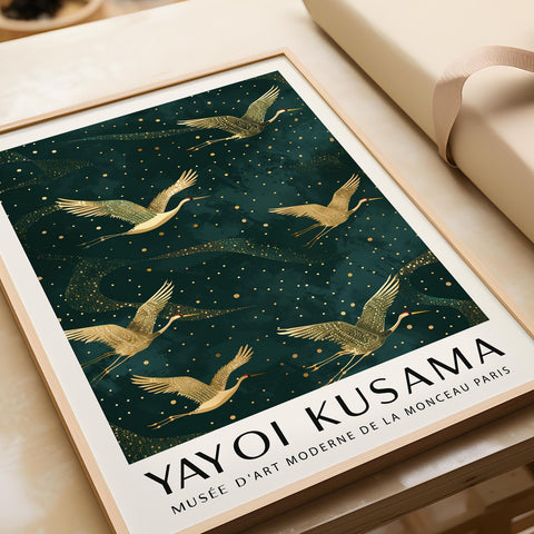 Elegant flying cranes print in Japandi style