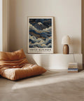 Blue and gold Japanese wall art for bedroom