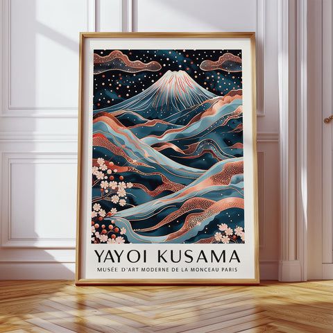 Japanese wall art featuring Mount Fuji under a starry sky with sakura trees