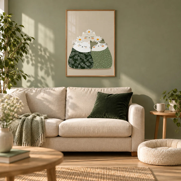Illustrated Cat Wall Art, framed on the wall of a calm living room with a sage green painted wall and a light oak floor