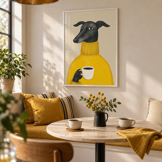 Illustrative Dog Wall Art, framed on the wall of a breakfast nook in a kitchen