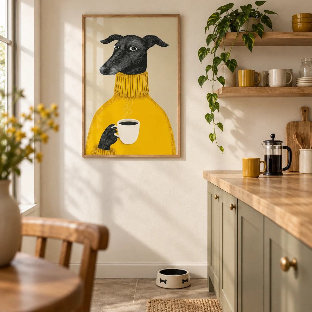 Illustrative Dog Wall Art, framed on the wall of a cosy kitchen