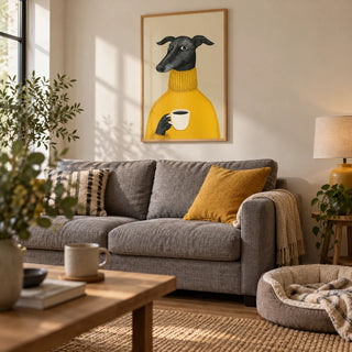 Illustrative Dog Wall Art, framed on the wall of a cosy living room