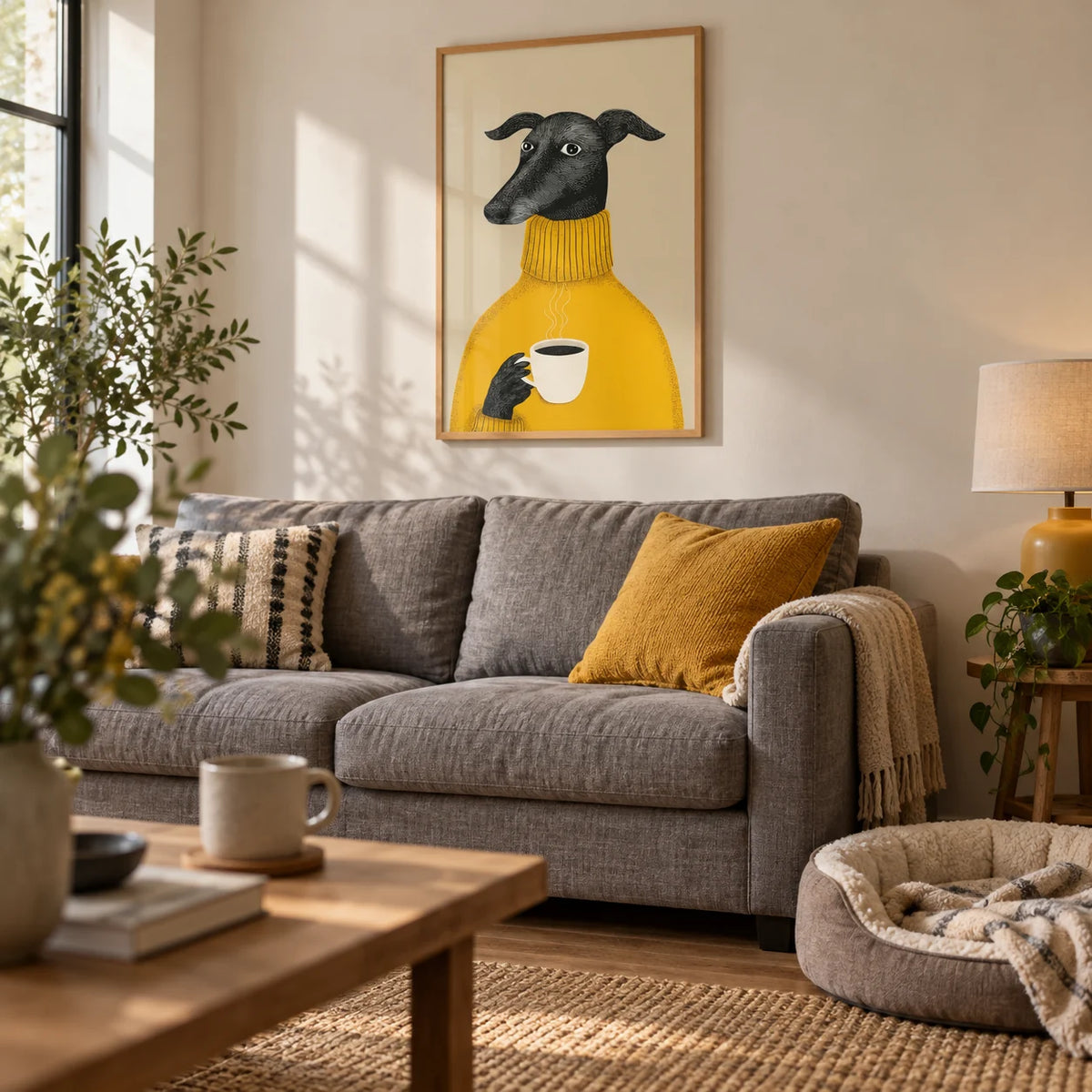 Illustrative Dog Wall Art, framed on the wall of a cosy living room