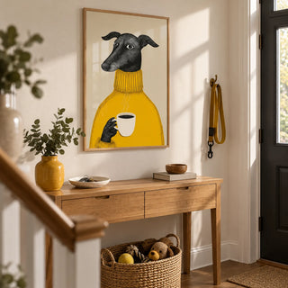 Illustrative Dog Wall Art, framed on the wall of a hallway by the front door