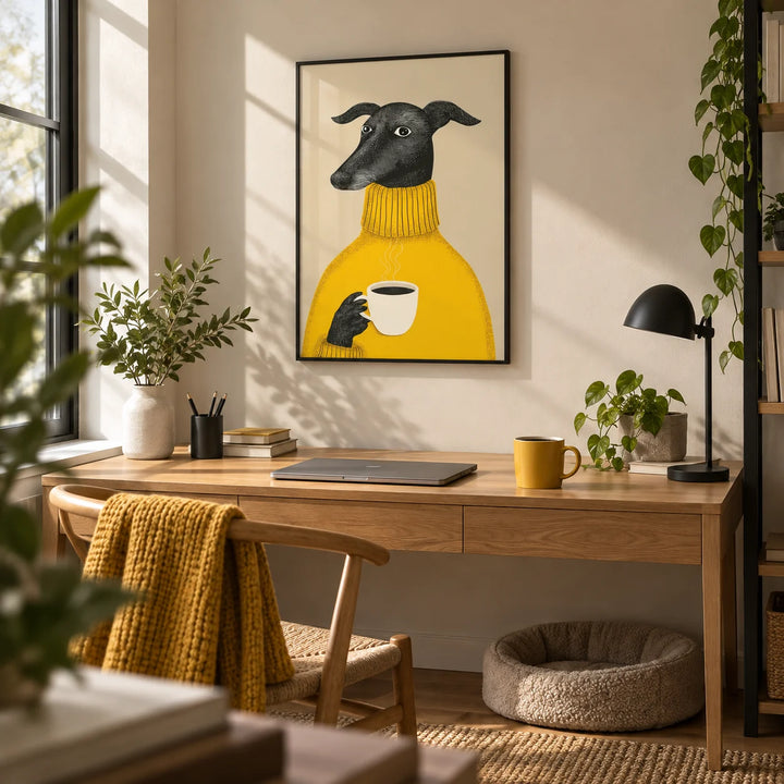 Illustrative Dog Wall Art, framed on the wall of a relaxed home office