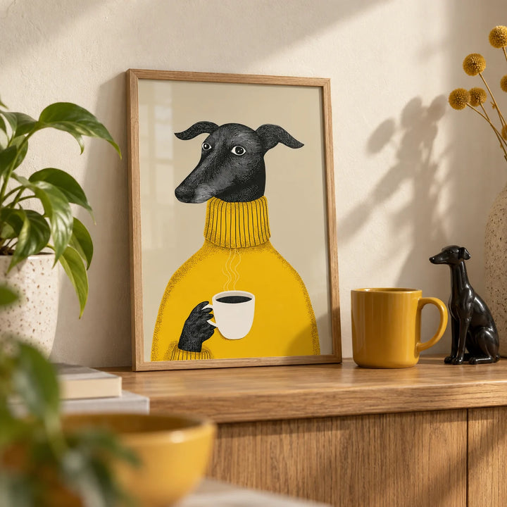 Illustrative Dog Wall Art, a small A4 framed print leaning on an oak shelf in a living room