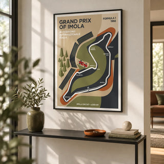 Imola Circuit Map Poster, framed on the wall of a modern hallway with a white wall