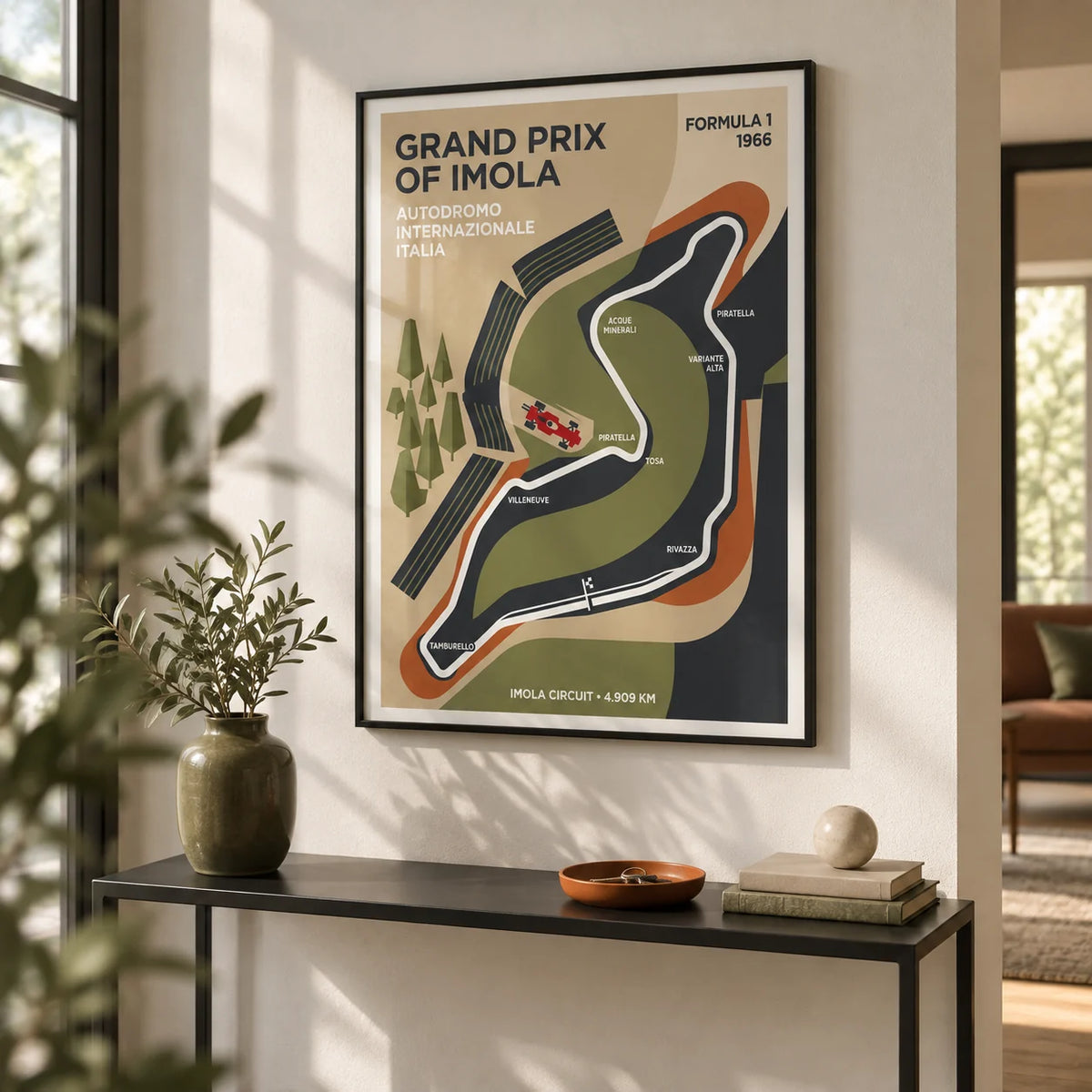 Imola Circuit Map Poster, framed on the wall of a modern hallway with a white wall