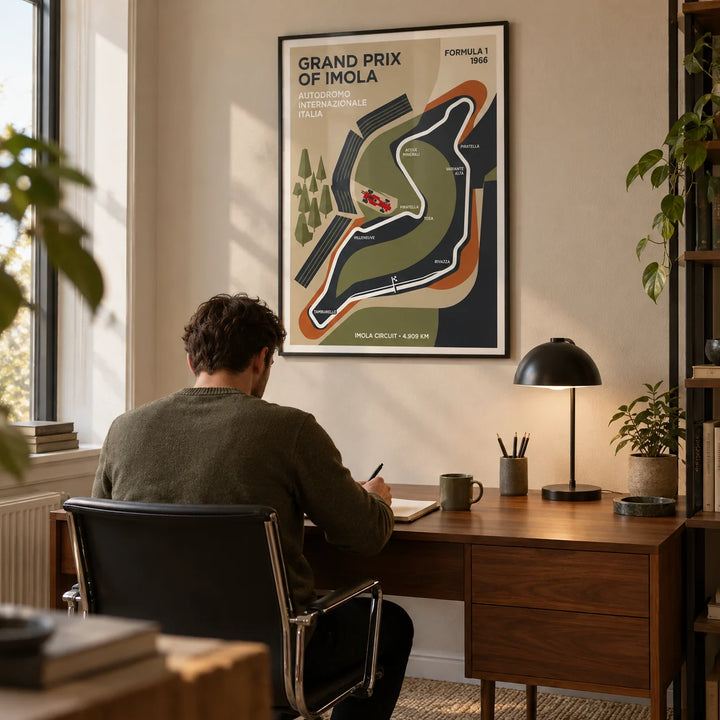 Imola Circuit Map Poster, framed on the wall of a modern home office with a beige wall