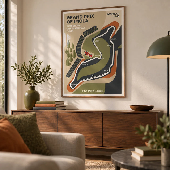 Imola Circuit Map Poster, framed on the wall of a modern living room with a warm white wall