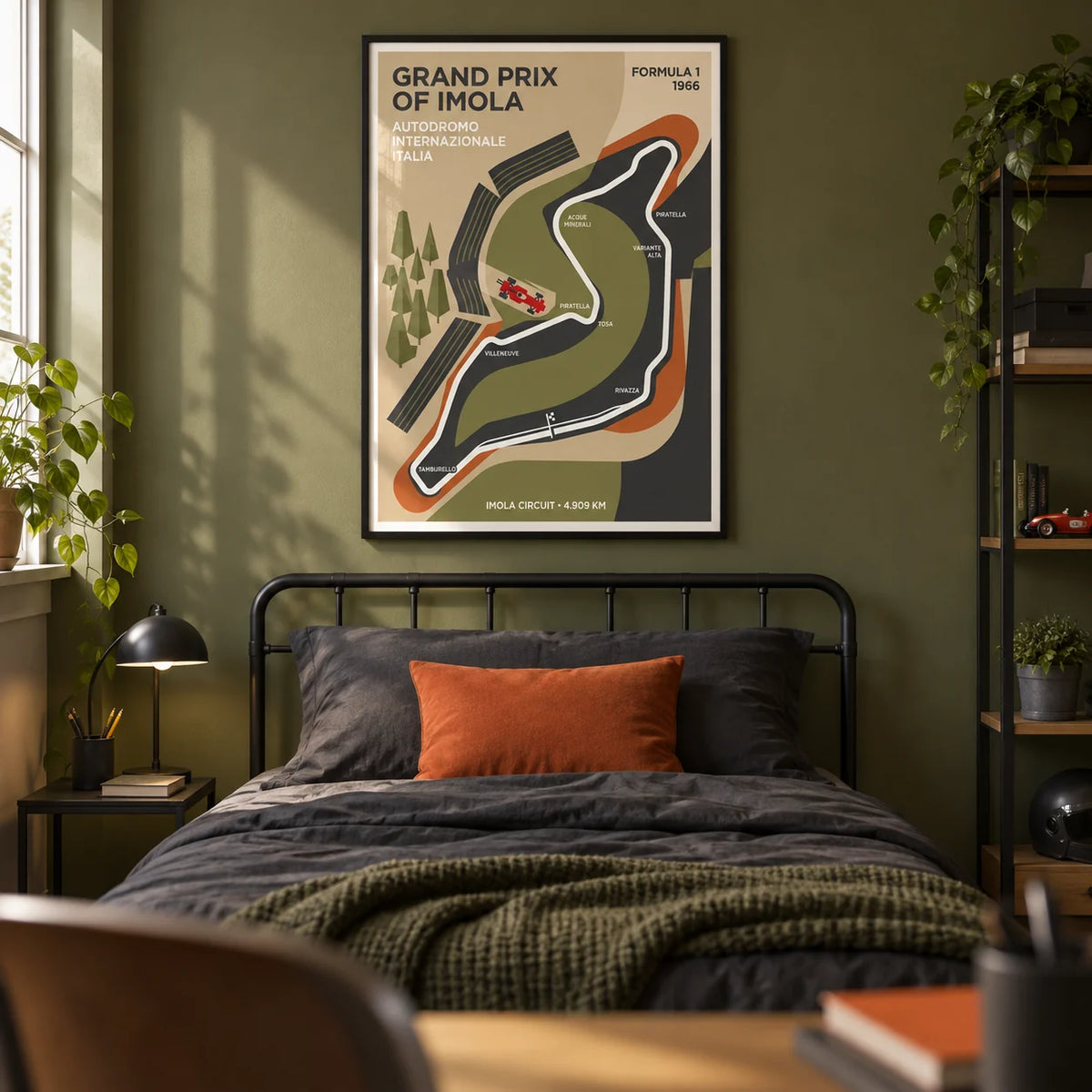 Imola Circuit Map Poster, framed on the wall of a modern teen boy's bedroom (13-17) with an olive green painted wall
