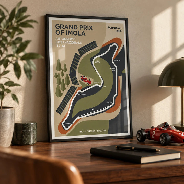 Imola Circuit Map Poster, a small A4 framed print leaning on a walnut desk
