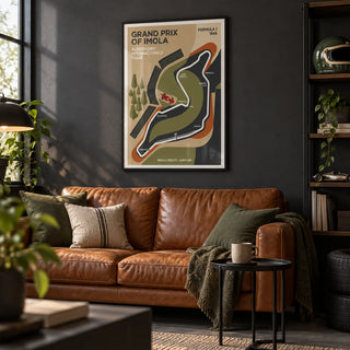 Imola Circuit Map Poster, framed on the wall of a smart converted garage den with a charcoal painted wall and a dark grey floor in a living room