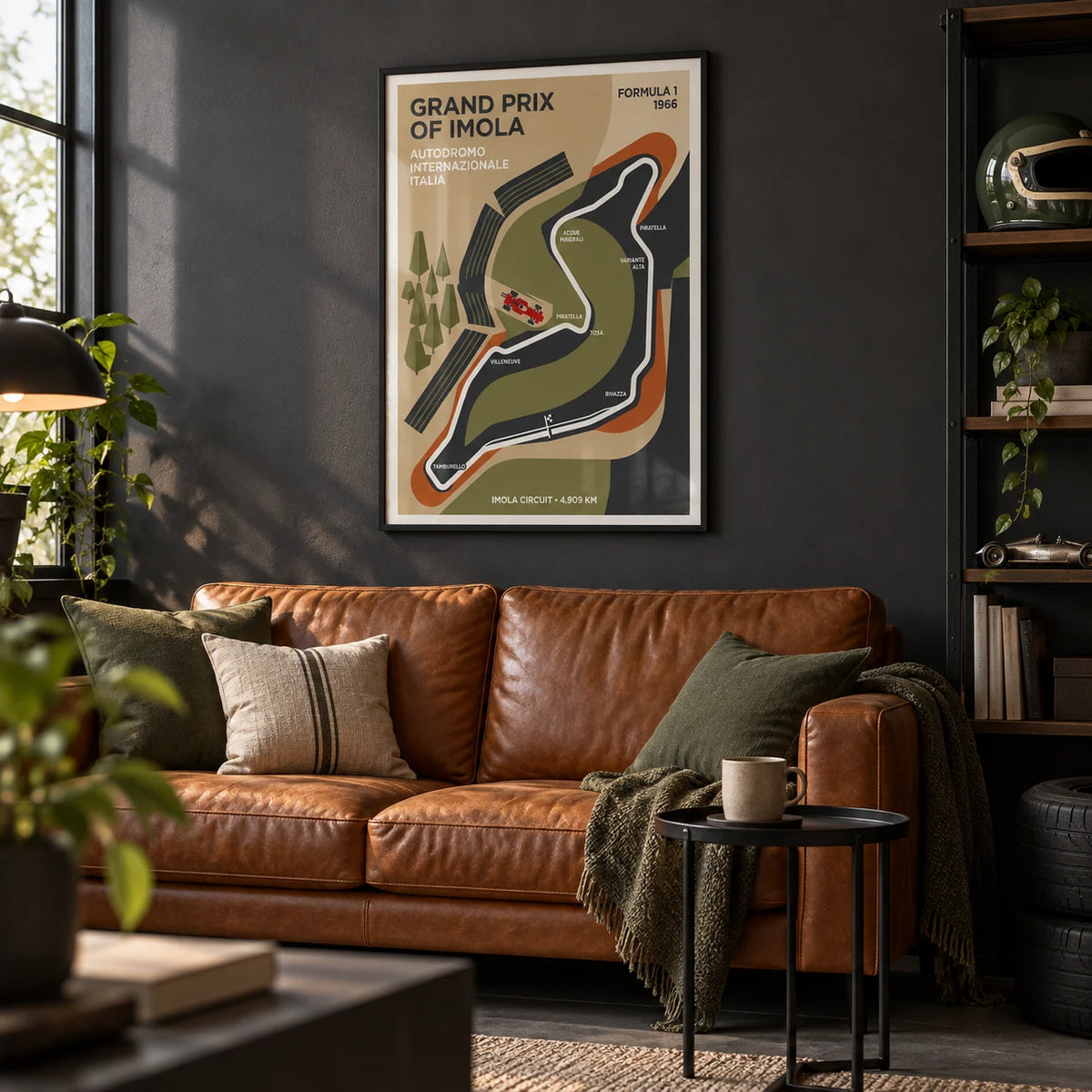 Imola Circuit Map Poster, framed on the wall of a smart converted garage den with a charcoal painted wall and a dark grey floor in a living room