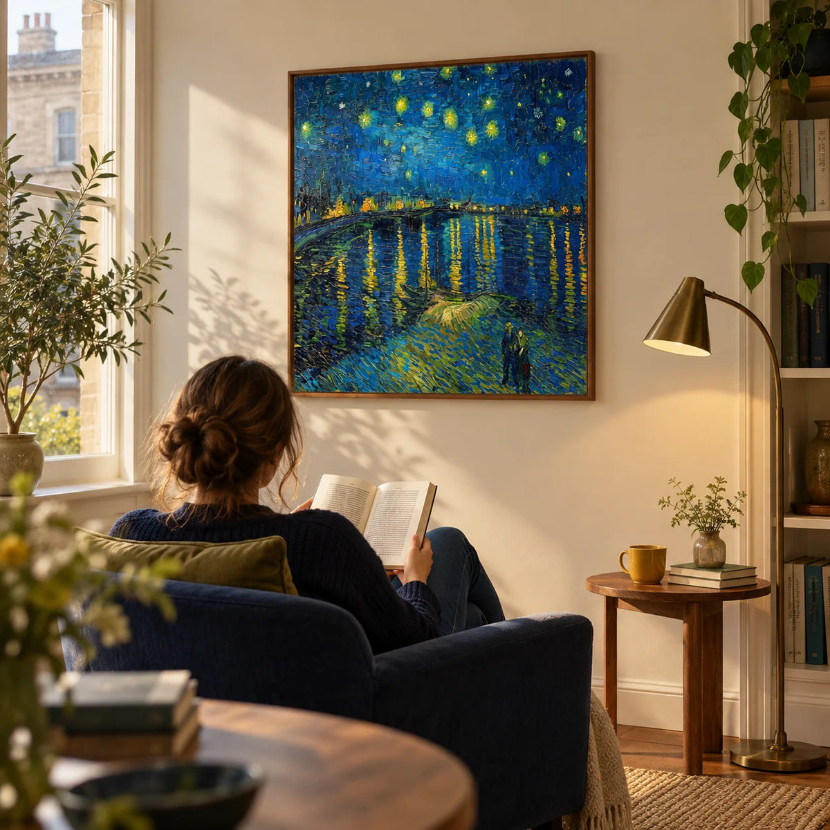Impasto Wall Art, framed on the wall of a quiet reading corner in a mature city flat with a warm cream wall in a living room
