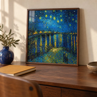 Impasto Wall Art, a small A4 framed print leaning on a walnut writing desk