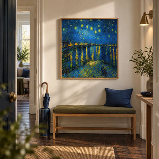 Impasto Wall Art, framed on the wall of a welcoming entrance hallway in a period flat with warm white walls and dark timber floorboards