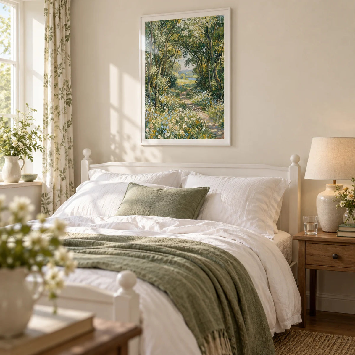 Impressionist Art Print, framed on the wall of a calm country bedroom with a pale cream wall